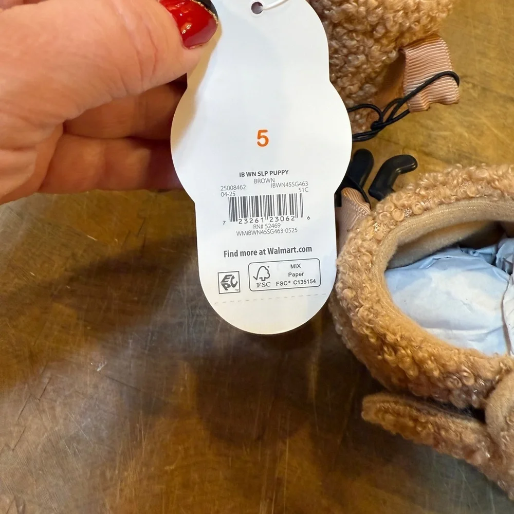 Plush Puppy Baby Slippers in Light Brown Sz 5 Velcro Warm Winter Slip on Shoe